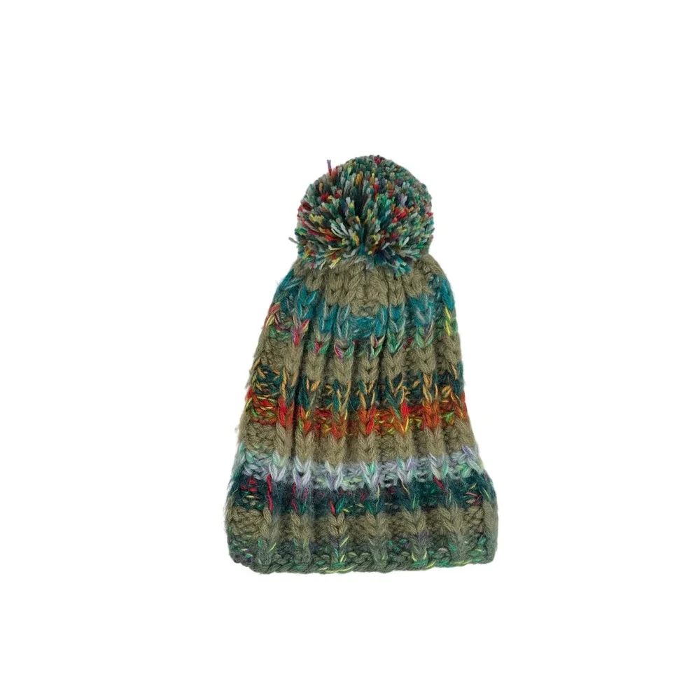 Andes Gifts Multi Color Chunky Knit Pom Pom Beanie Olive Green Alpaca Blend